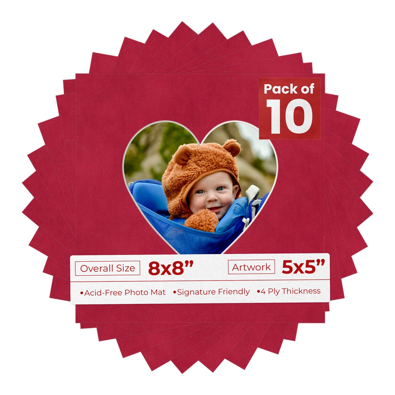 Red Suede Mat Board for 8x8 Frames - Heart Opening for 5x5 Photos